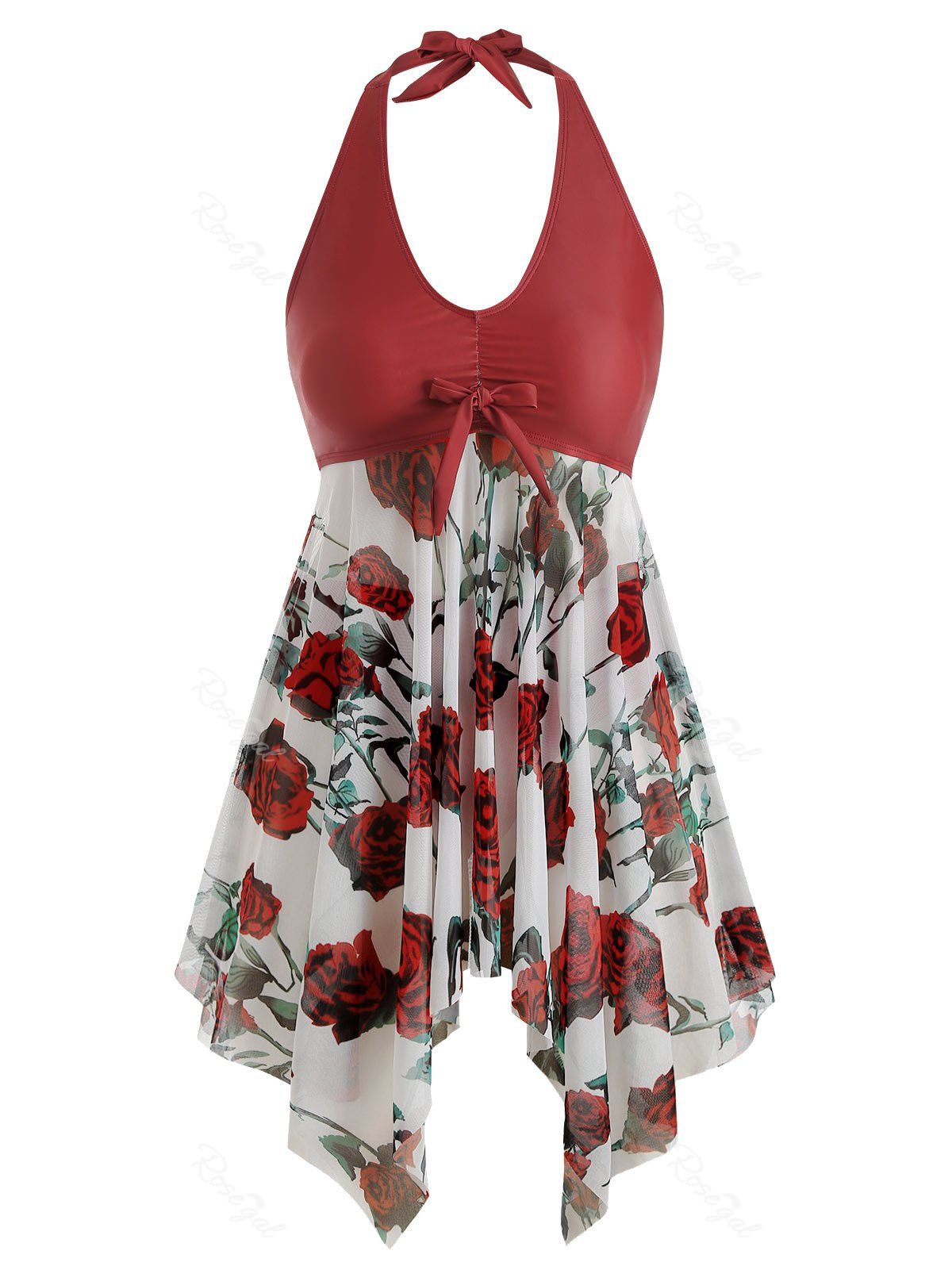 

Bowknot Contrast Sunflower Floral Butterfly Plus Size Tankini Set, Red wine