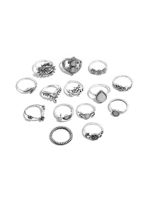 

14PCS Retro Faux Crystal Water Drop Sun Rings Set, Silver