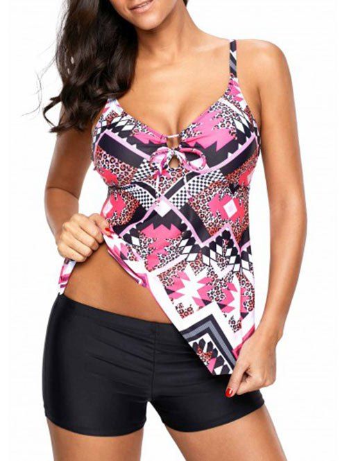 

Geometric Leopard Print Knotted Tankini Swimwear, Pink