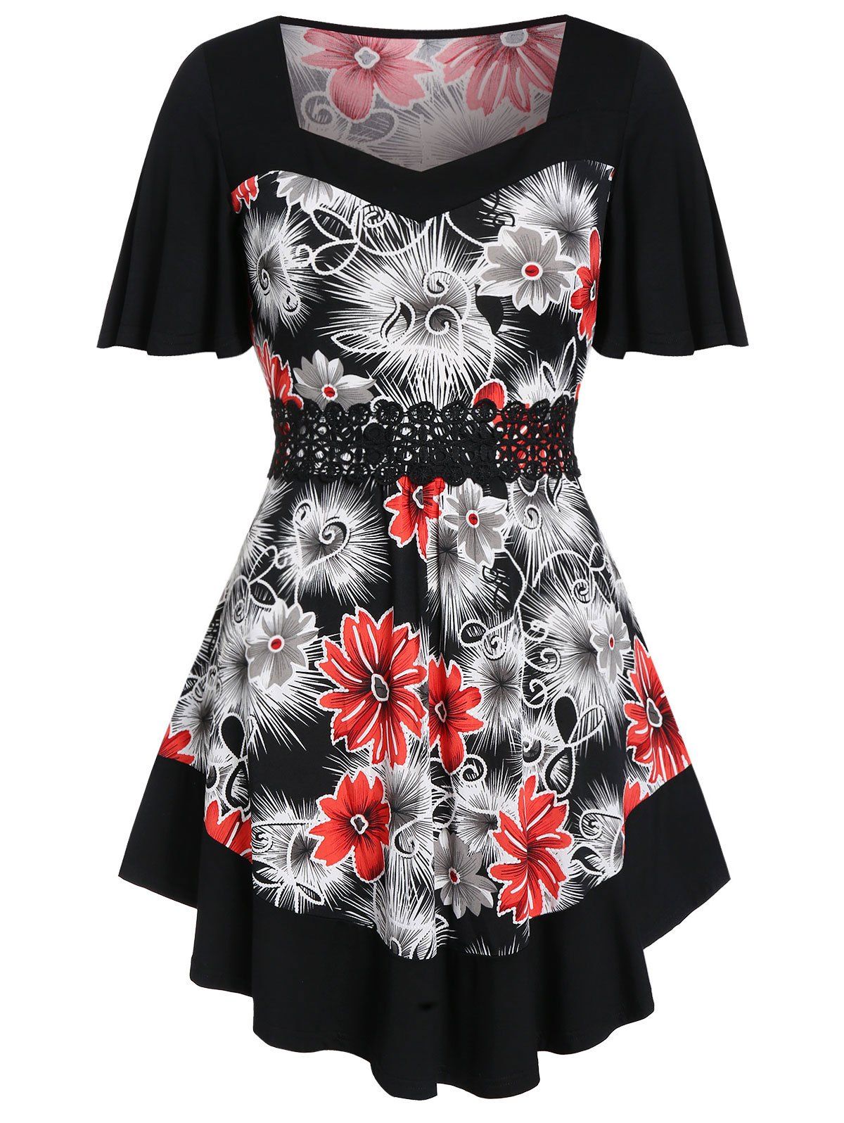 

Plus Size Ditsy Print Applique Tunic T Shirt, Black