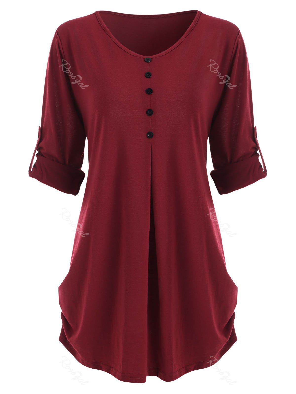 

Plus Size Buttons Roll Up Sleeve Curved Tee, Red wine