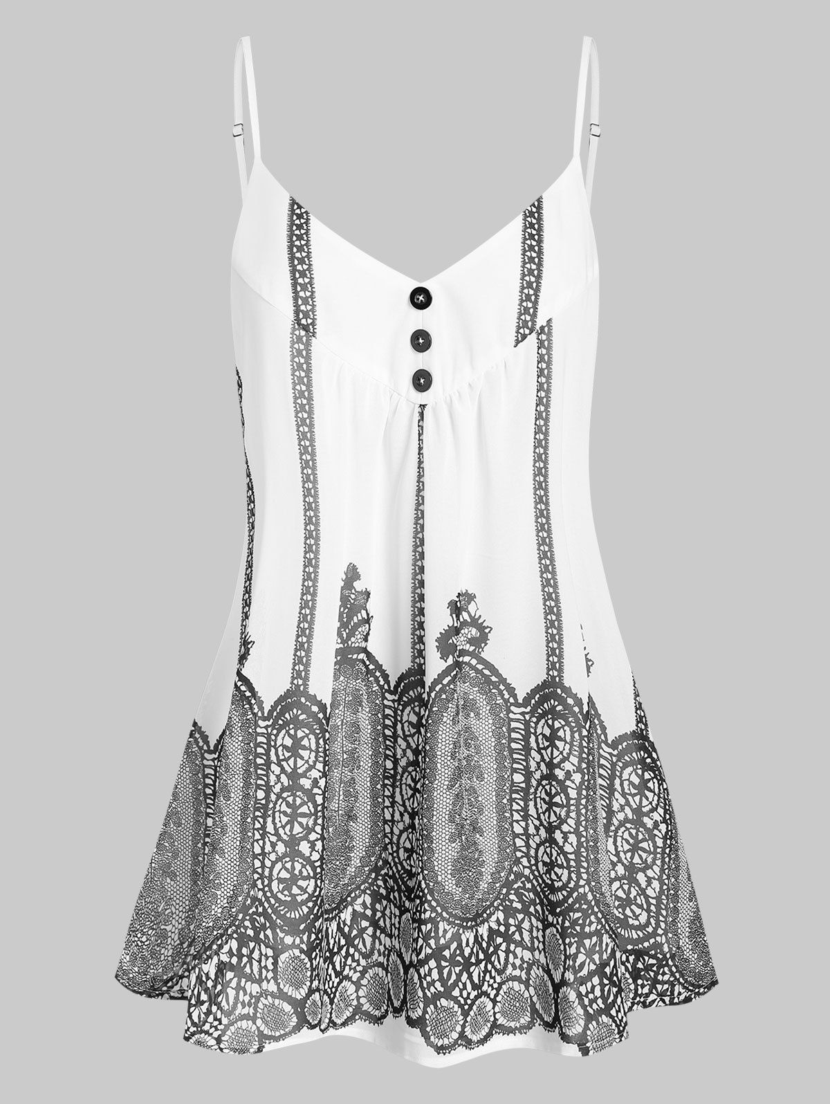 

Front Button Printed Spaghetti Strap Tunic Top, White