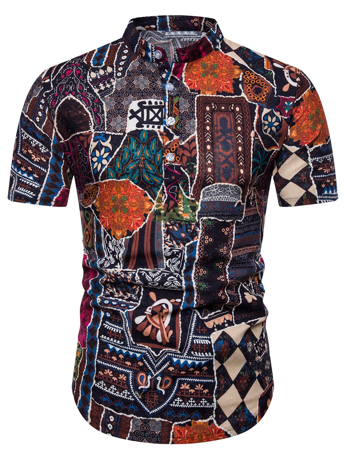 

Ethnic Flower Print Stand Collar Half Button Shirt, Tiger orange