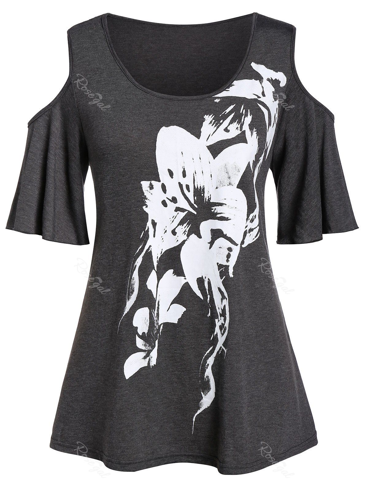 

Plus Size Open Shoulder Floral Print Round Collar T Shirt, Gray