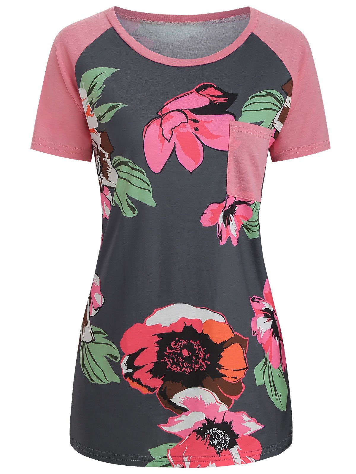 

Flower Print Front Pocket Baseball Tee, Blush red
