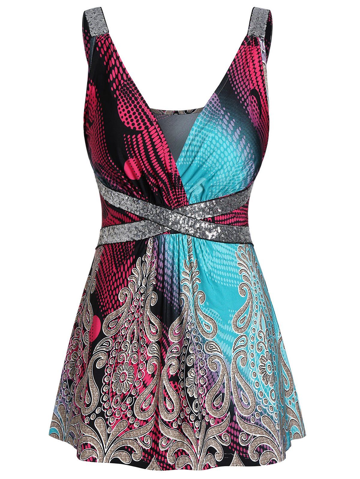 

Printed Plunging Neck Sequined Tank Top, Aquamarine