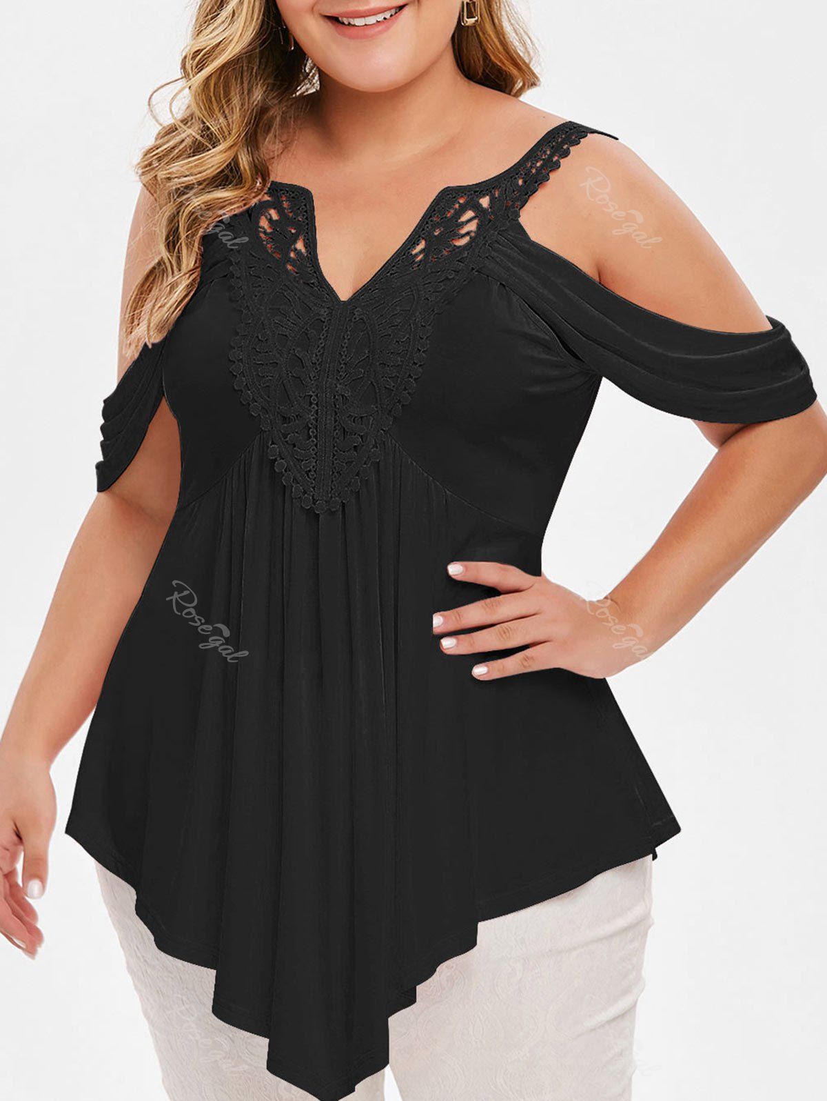 

Plus Size Asymmetrical Lace Crochet Cold Shoulder T-shirt, Black