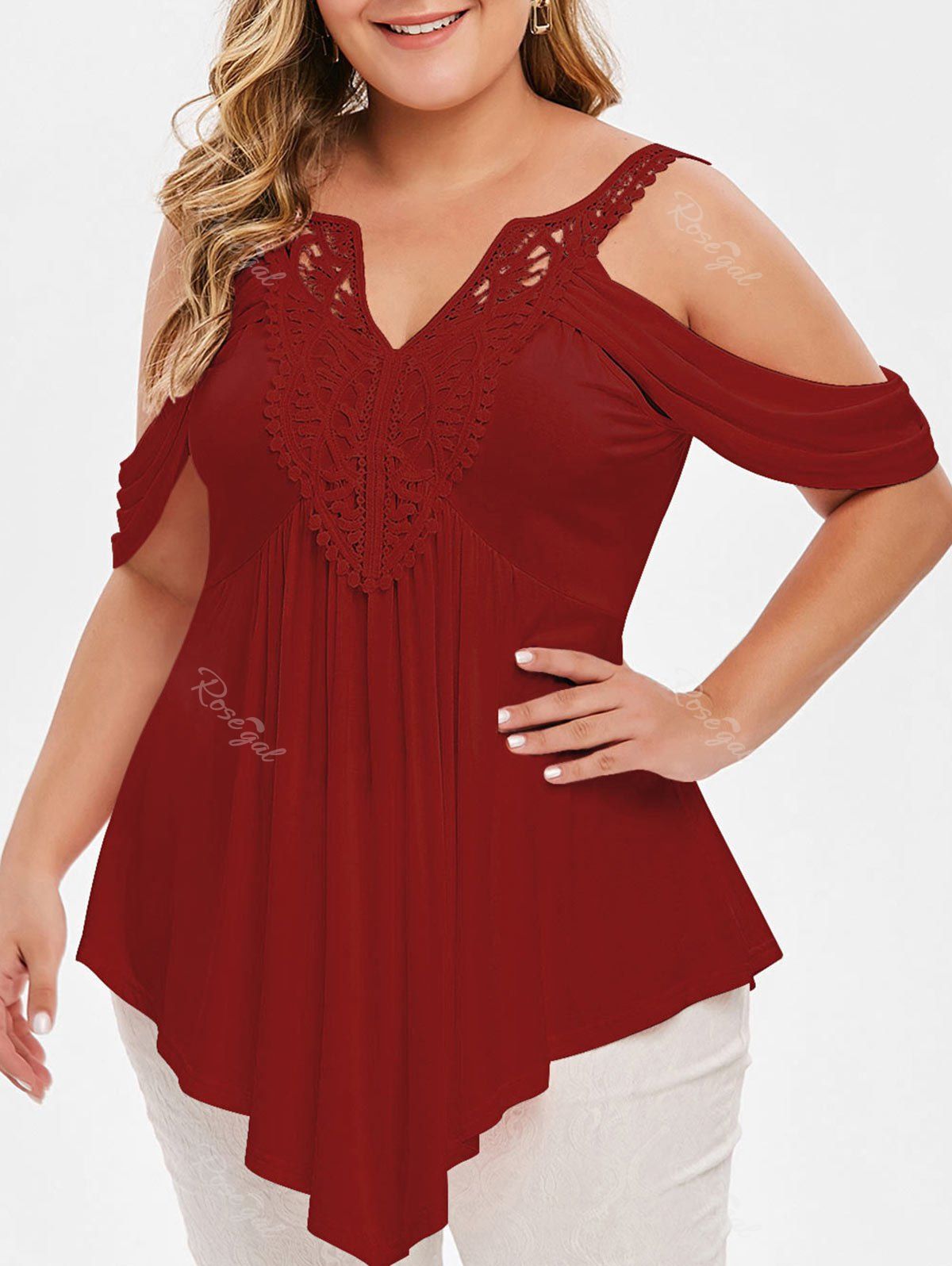 

Plus Size Asymmetrical Lace Crochet Cold Shoulder T-shirt, Red wine