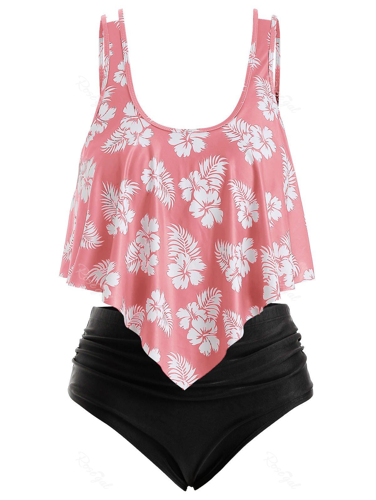 

Overlay Ruffles Floral Leaves Print Plus Size Tankini Swimsuit, Light pink