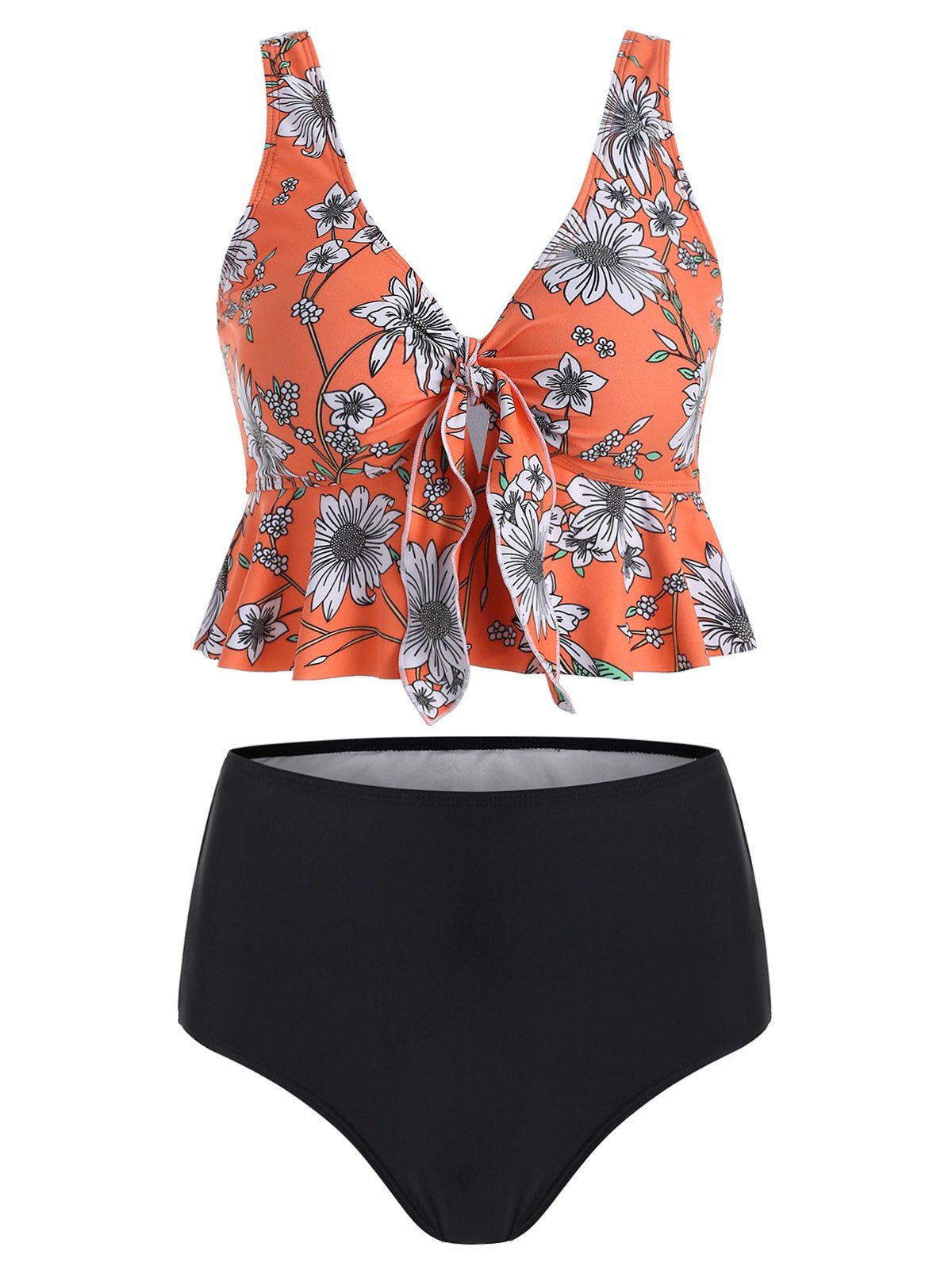 

V Neck Floral Print Knotted Tankini Swimsuit, Pumpkin orange