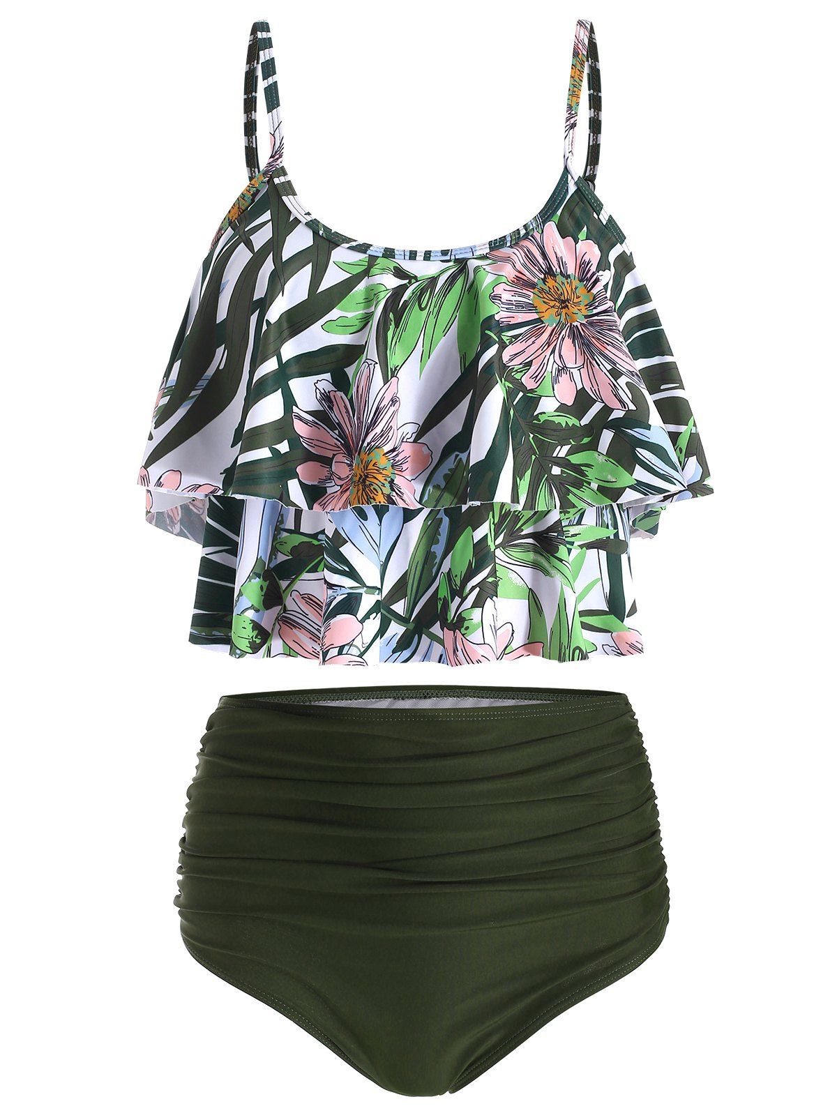 

Floral Print Tiered Overlay Tankini Swimsuit, Dark forest green