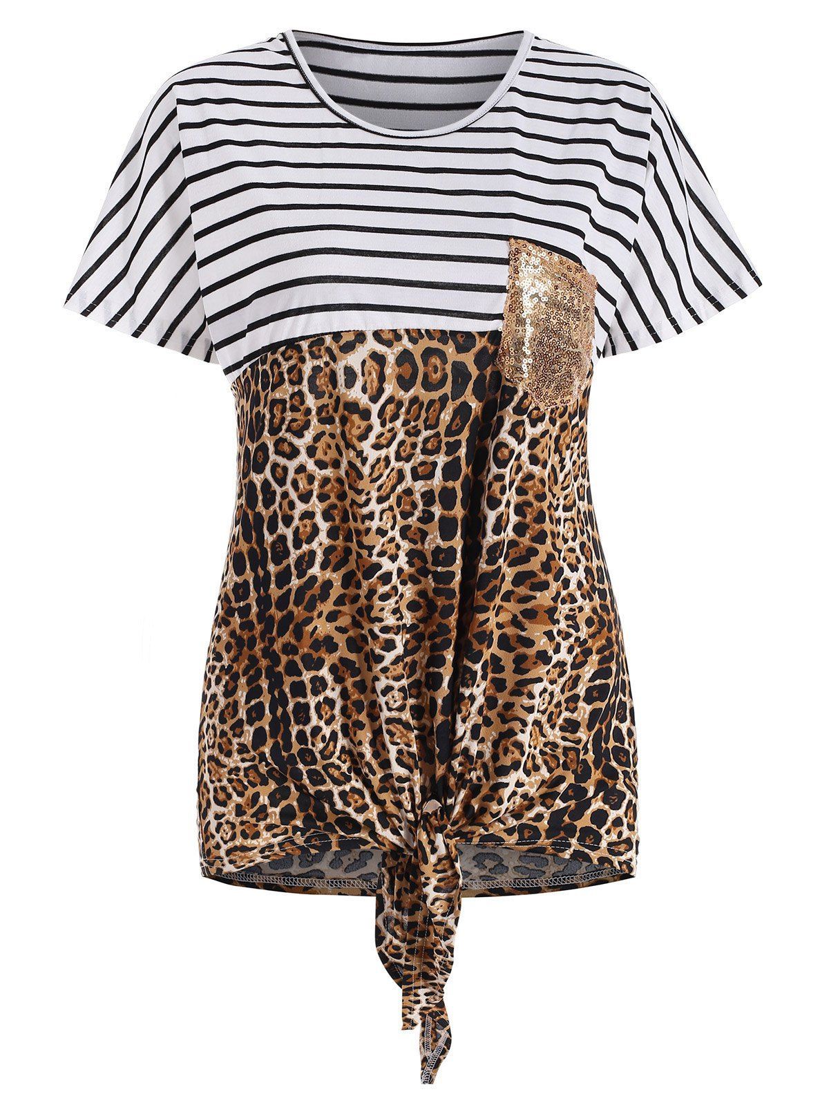 

Striped and Leopard Print Knot Front Sequined Pocket T-shirt, Multi