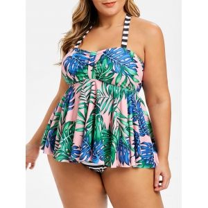 

Plus Size Palm Leaf Striped Skirted Tankini Swimsuit, Pink