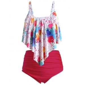 

Plus Size Overlay Splatter Paint High Rise Tankini Swimsuit, Multi c