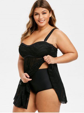 

Plus Size Fishnet Bandeau Tankini Set, Black