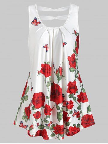 Rose Print Cut Out Pleated Tank Top