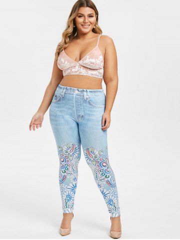

Plus Size Butterfly Floral Print High Waist Faux Denim Leggings, Blue gray