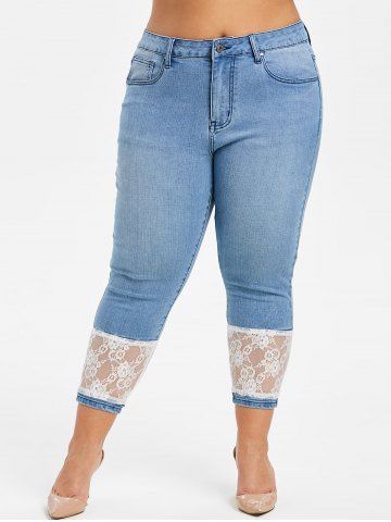 

Plus Size Lace Panel Skinny Jeans, Denim dark blue