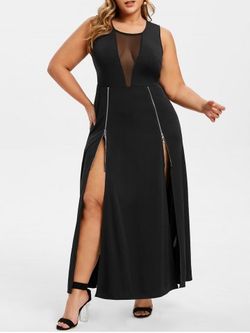 Plus Size Zippered High Slit Sheer Mesh Maxi Dress - BLACK - L