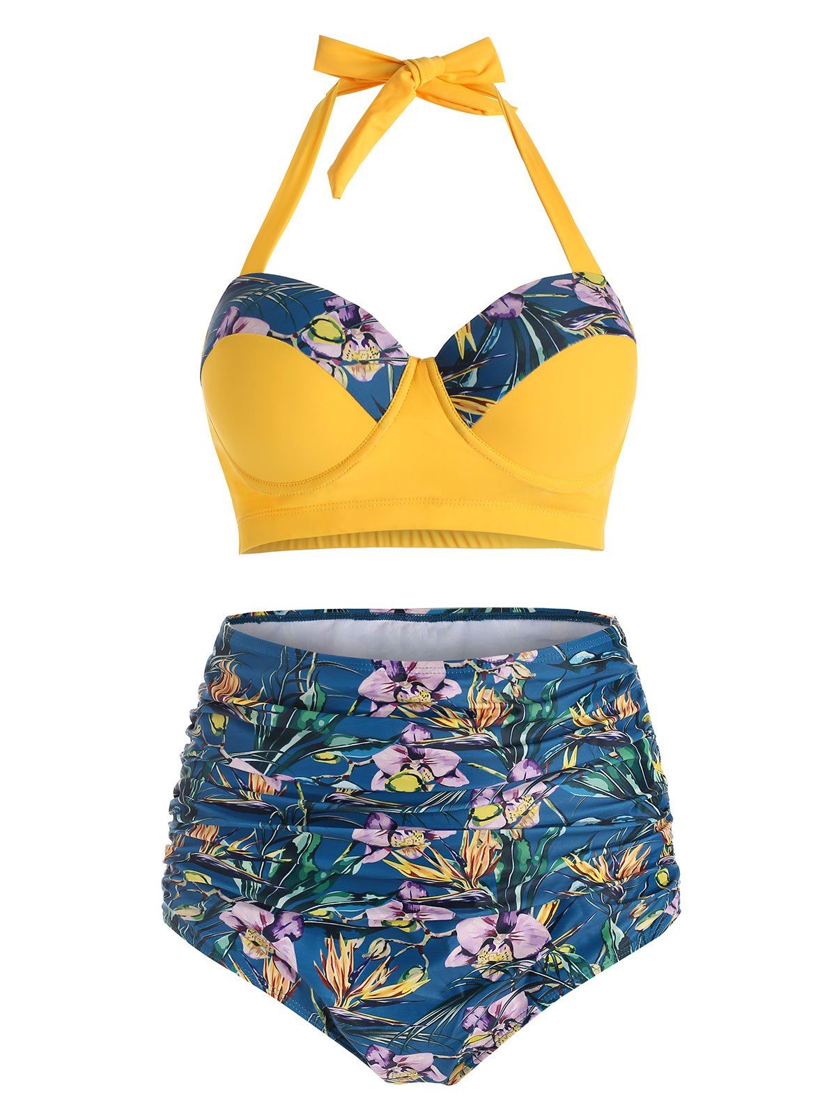 

Floral Print Underwire Halter Bikini Swimsuit, Yellow