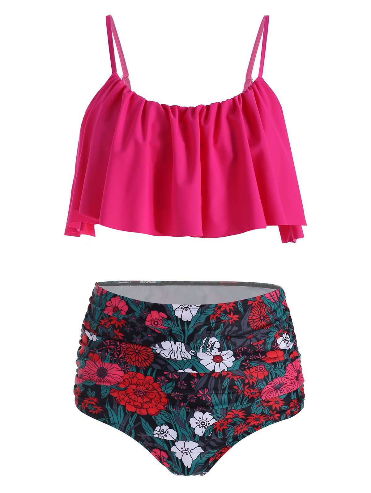 

Floral Print Padded Overlay Bikini Swimwear, Rose red