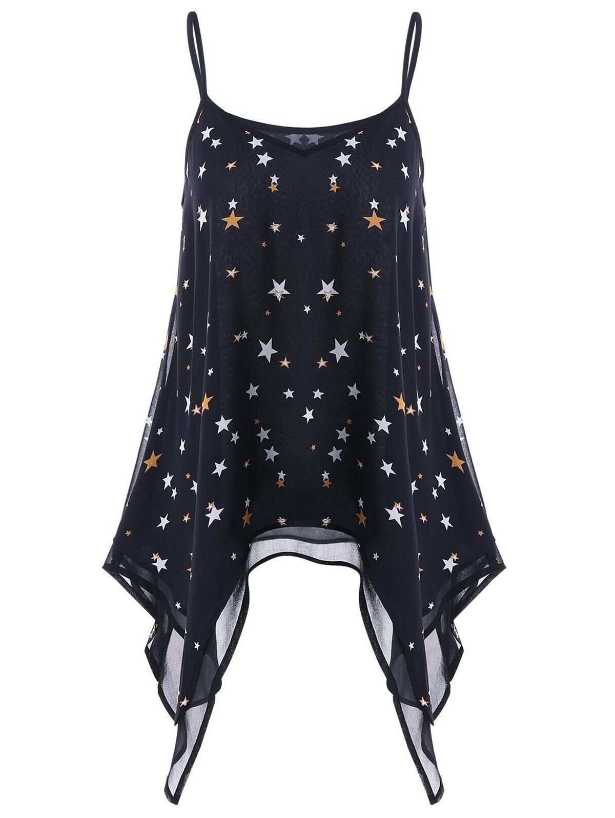 

Starry Star Print Asymmetric Spaghetti Strap Top, Black