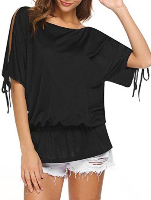 

Open Shoulder Plain Blouson T-shirt, Black