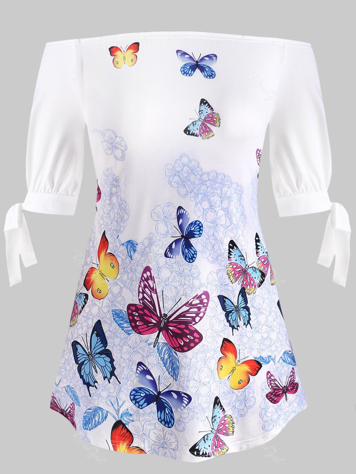 

Plus Size Tie Sleeve Off Shoulder Butterfly Print T-shirt, White