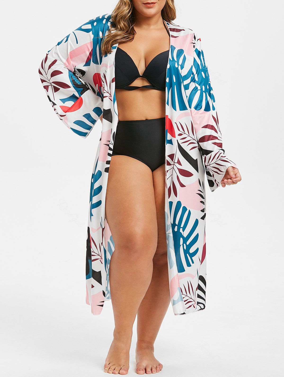 

Plus Size Open Front Tropical Leaf Print Maxi Cover Up, White