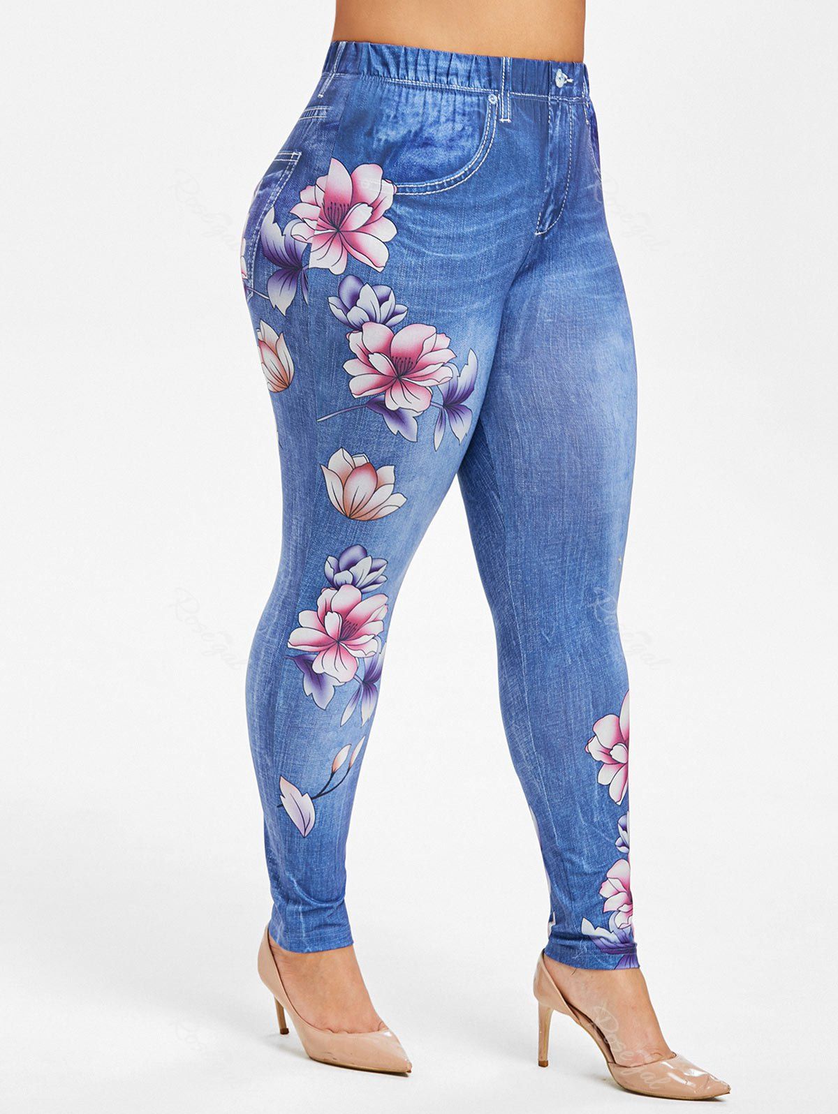 

Plus Size High Rise Floral Jean 3D Print Jeggings, Ocean blue