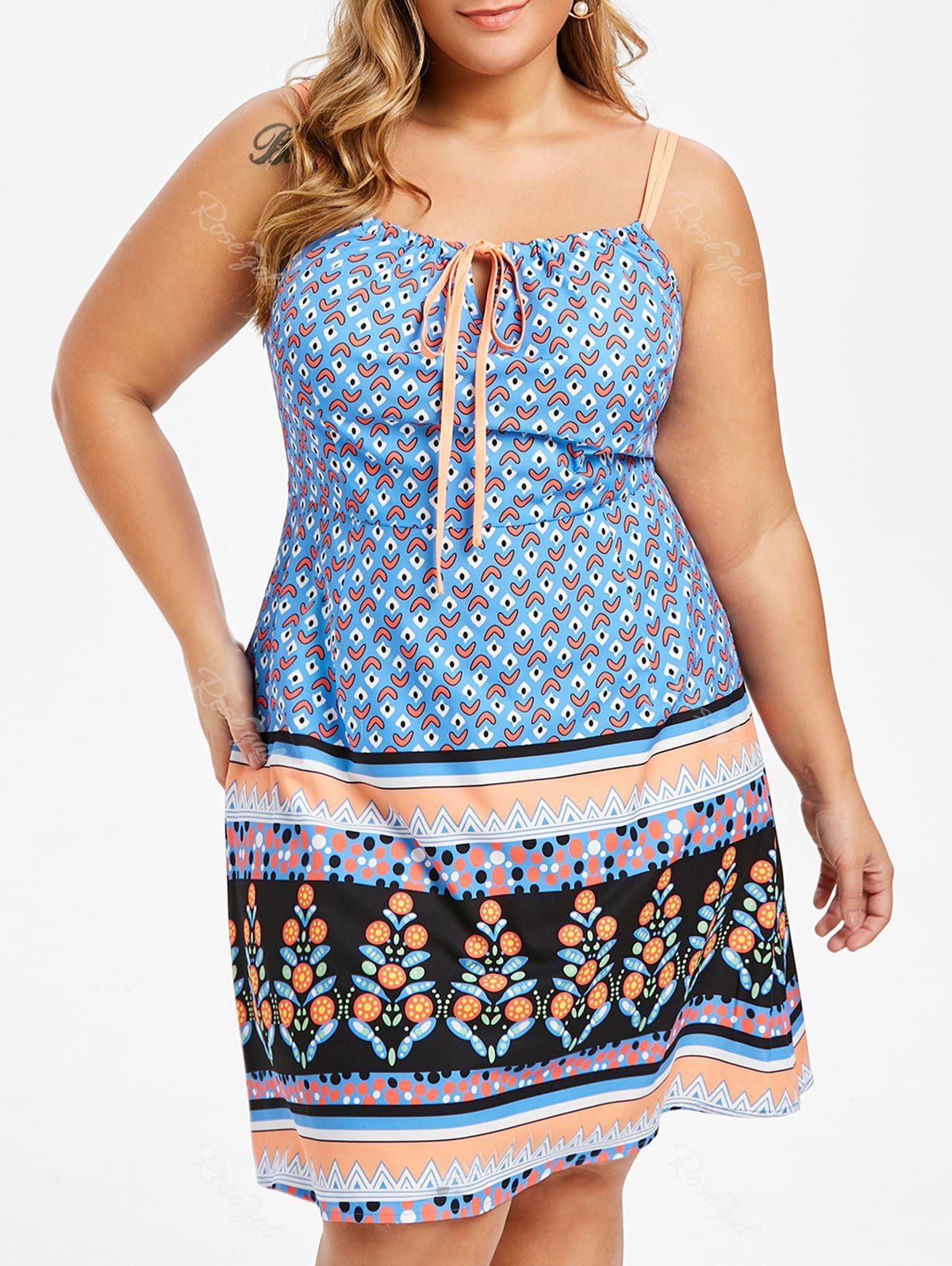 

Plus Size Criss Cross Printed Tie Back Sleeveless A Line Dress, Multi