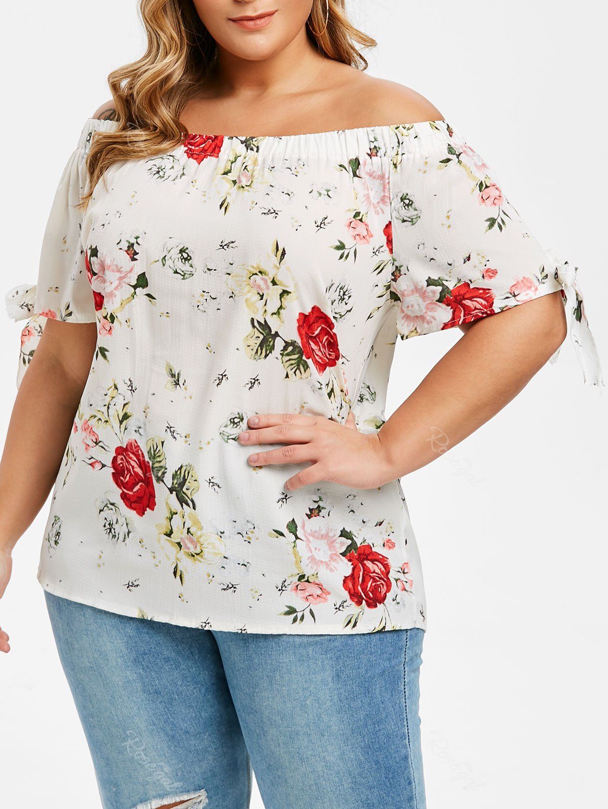 

Plus Size Floral Bowknot Off The Shoulder Tunic, White