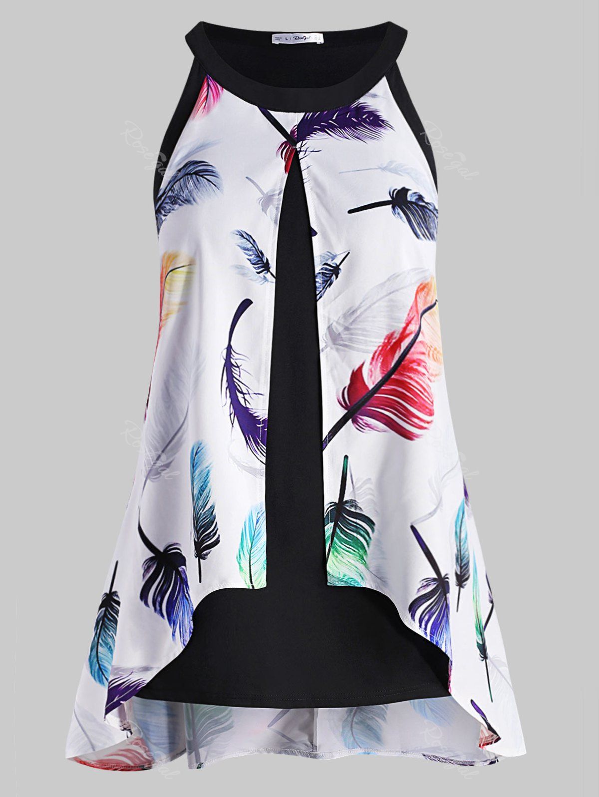 

Plus Size Feather Print Sleeveless Longline Blouse, White