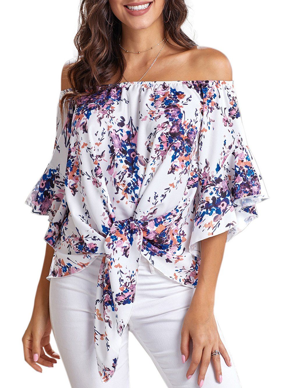 

Off Shoulder Flower Print Front Knotted Blouse, White