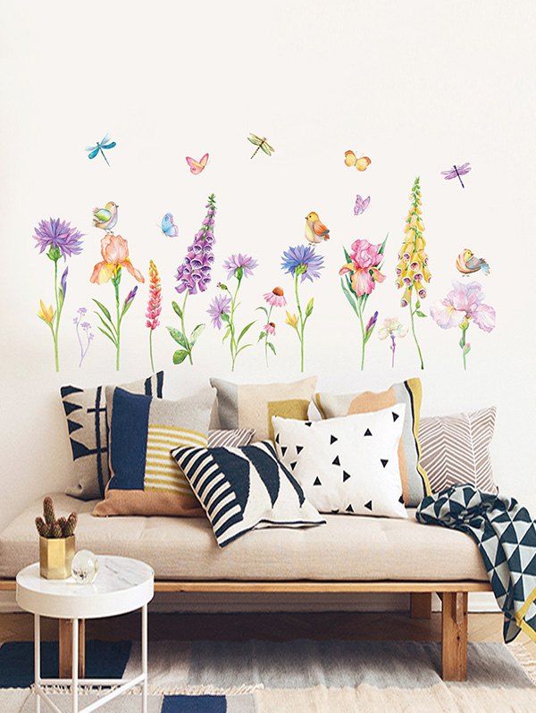 

Cartoon Flowers Butterflies and Birds Print Removable Wall Art Stickers, Multi-a