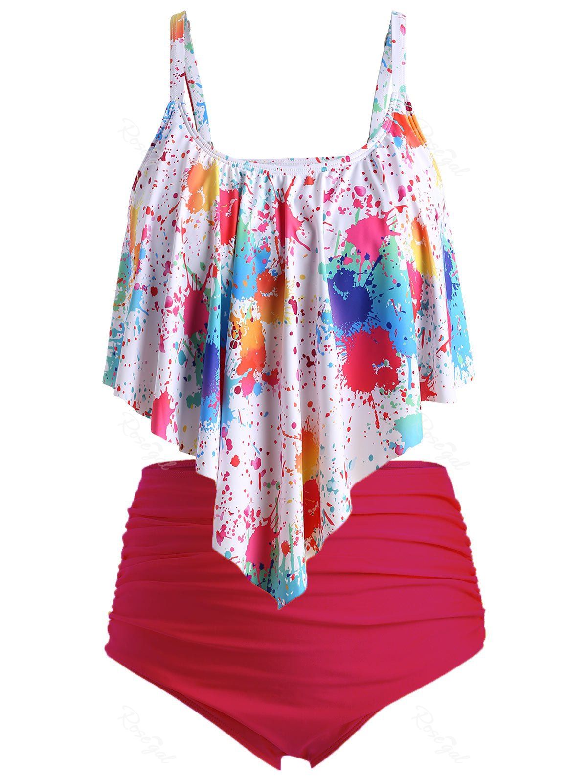 

Plus Size Overlay Splatter Paint High Rise Tankini Swimsuit, Multi-c