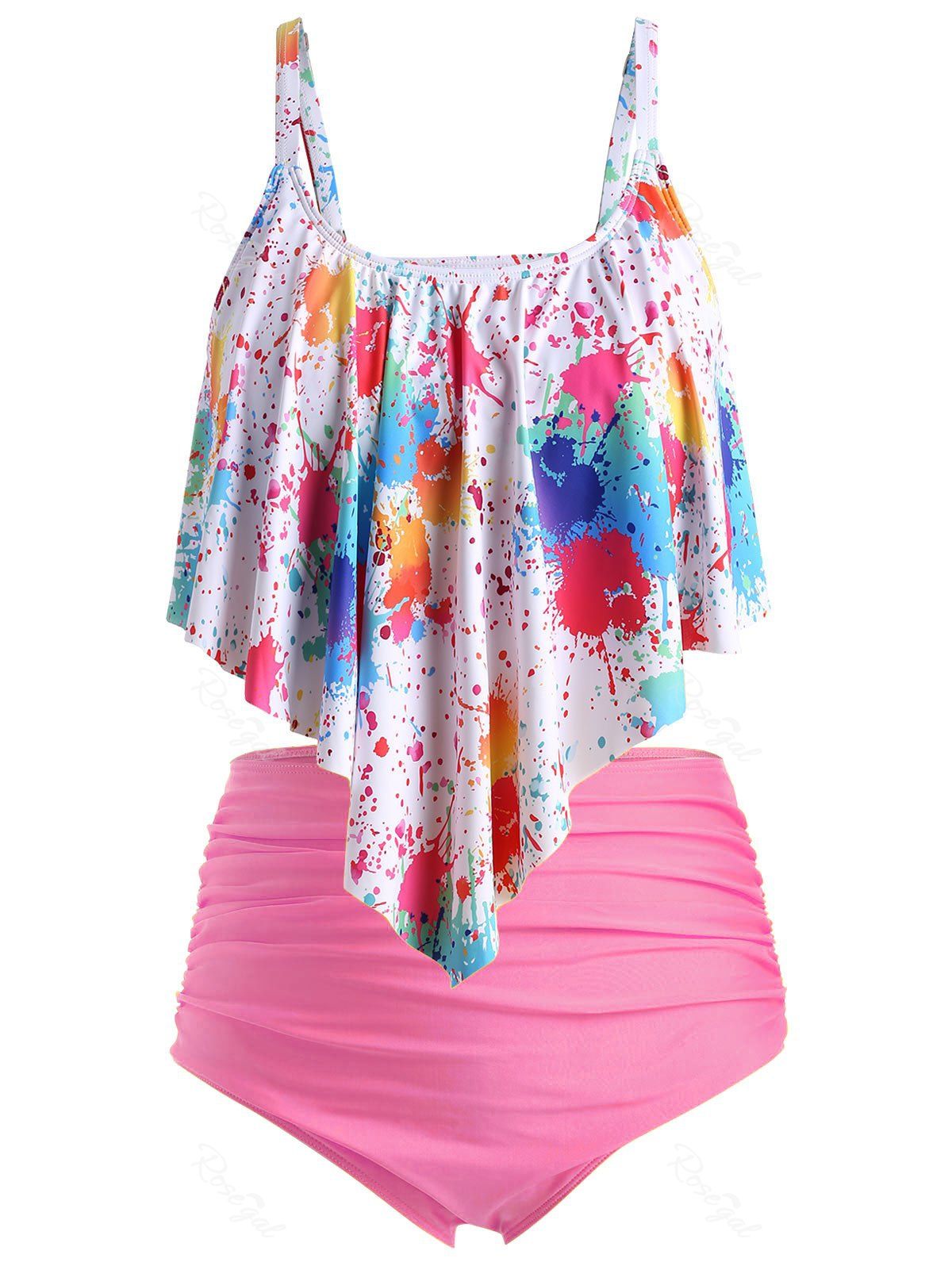 

Plus Size Overlay Splatter Paint High Rise Tankini Swimsuit, Multi-d