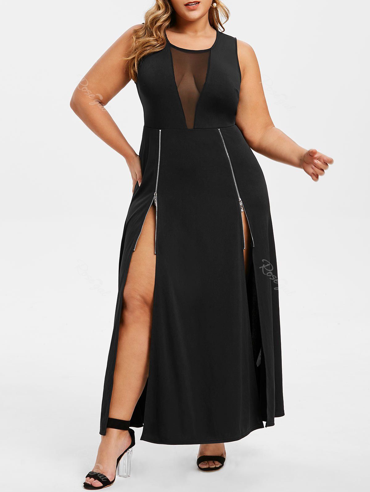 Plus Size Zippered High Slit Sheer Mesh Maxi Dress 23 Off Rosegal 2956