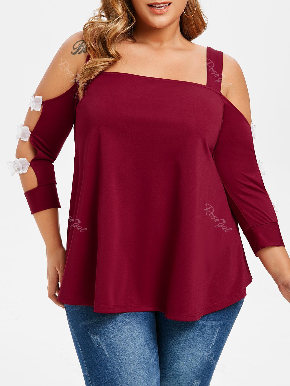 

Plus Size Open Shoulder Bow Ladder Sleeve Oversized T Shirt, Red wine