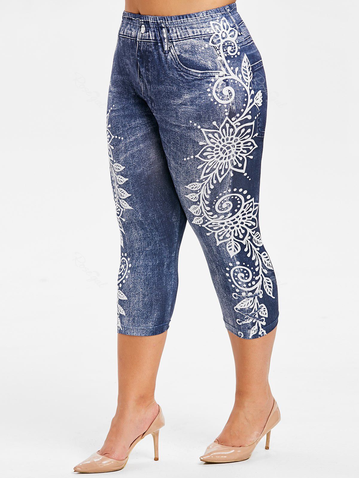 

Plus Size Side Flower Faux Jean Capri 3D Leggings, Lapis blue