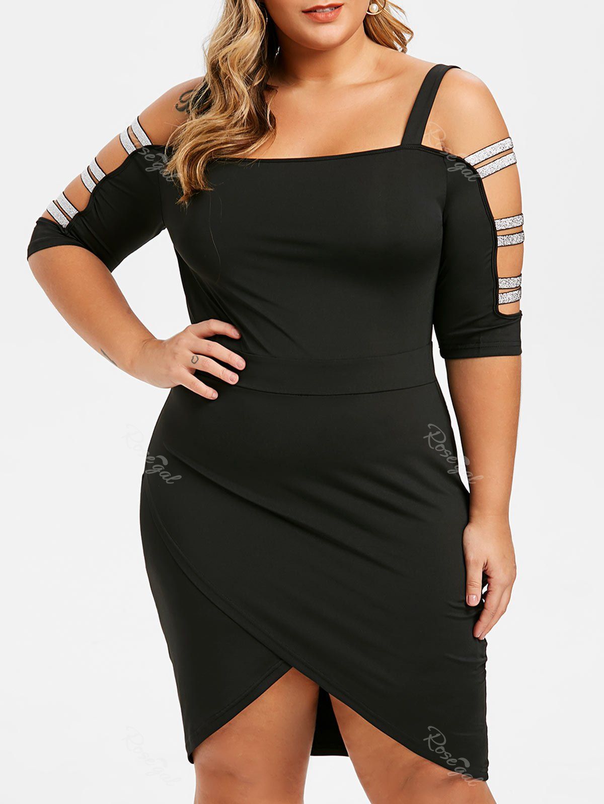 

Plus Size Glitter Ladder Sleeve Tulip Bodycon Dress, Black