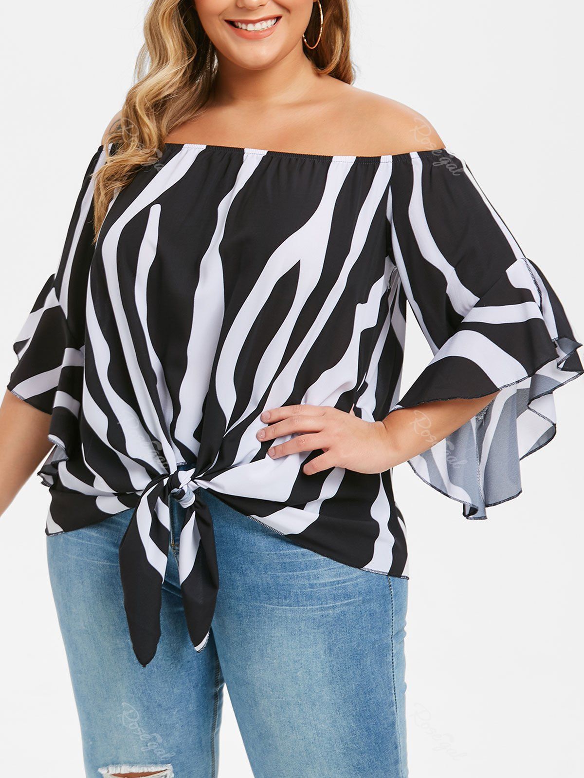 

Plus Size Striped Off Shoulder Knotted Flounce Cuffs Blouse, Black