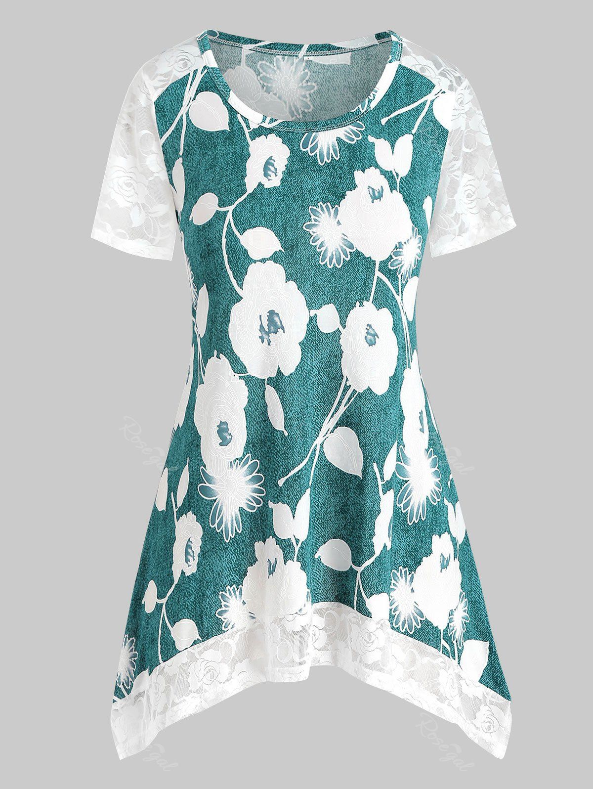 

Plus Size Marled Lace Panel Floral Print T Shirt, Macaw blue green