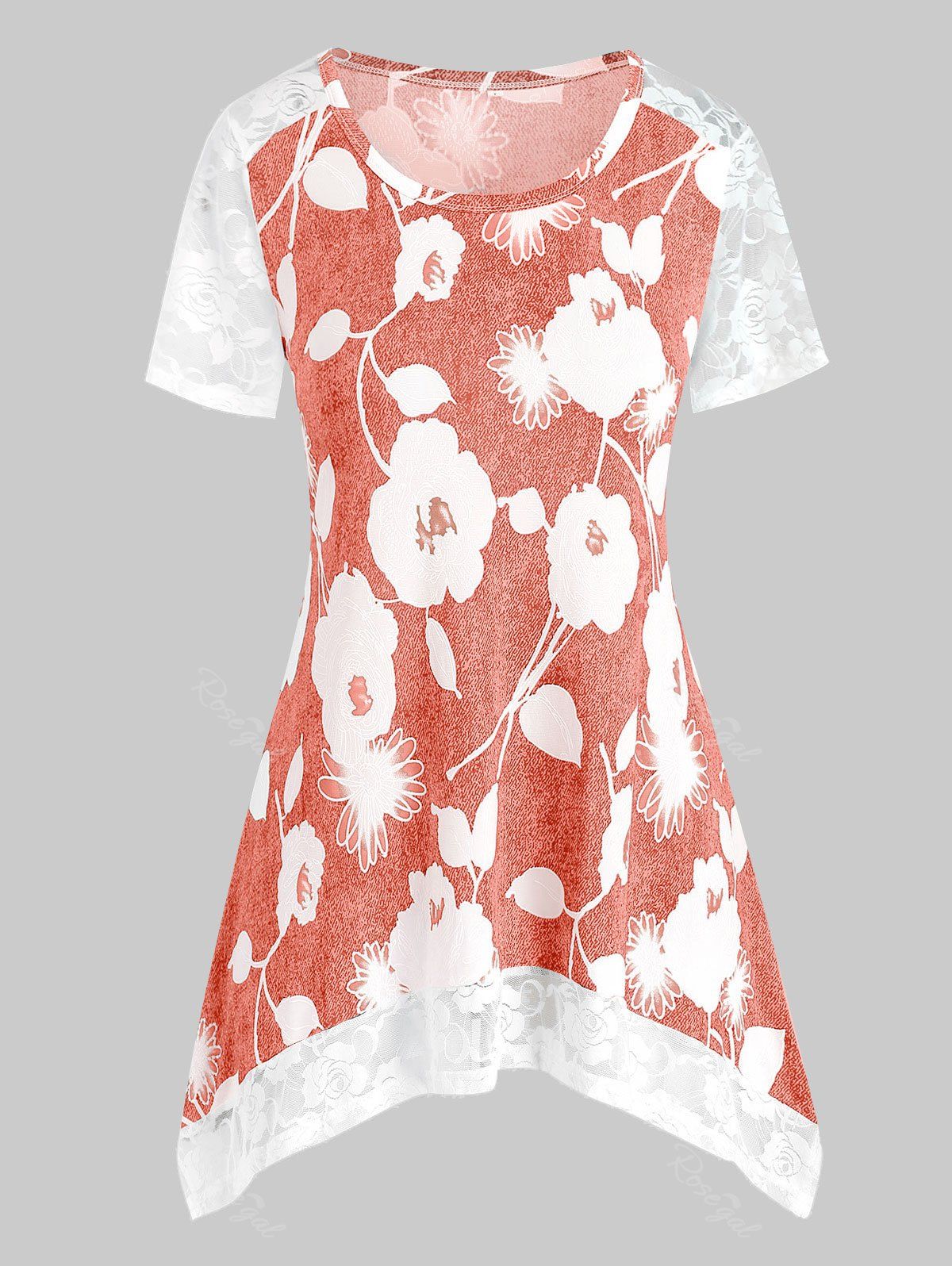 Plus Size Marled Lace Panel Floral Print T Shirt, Pink rose