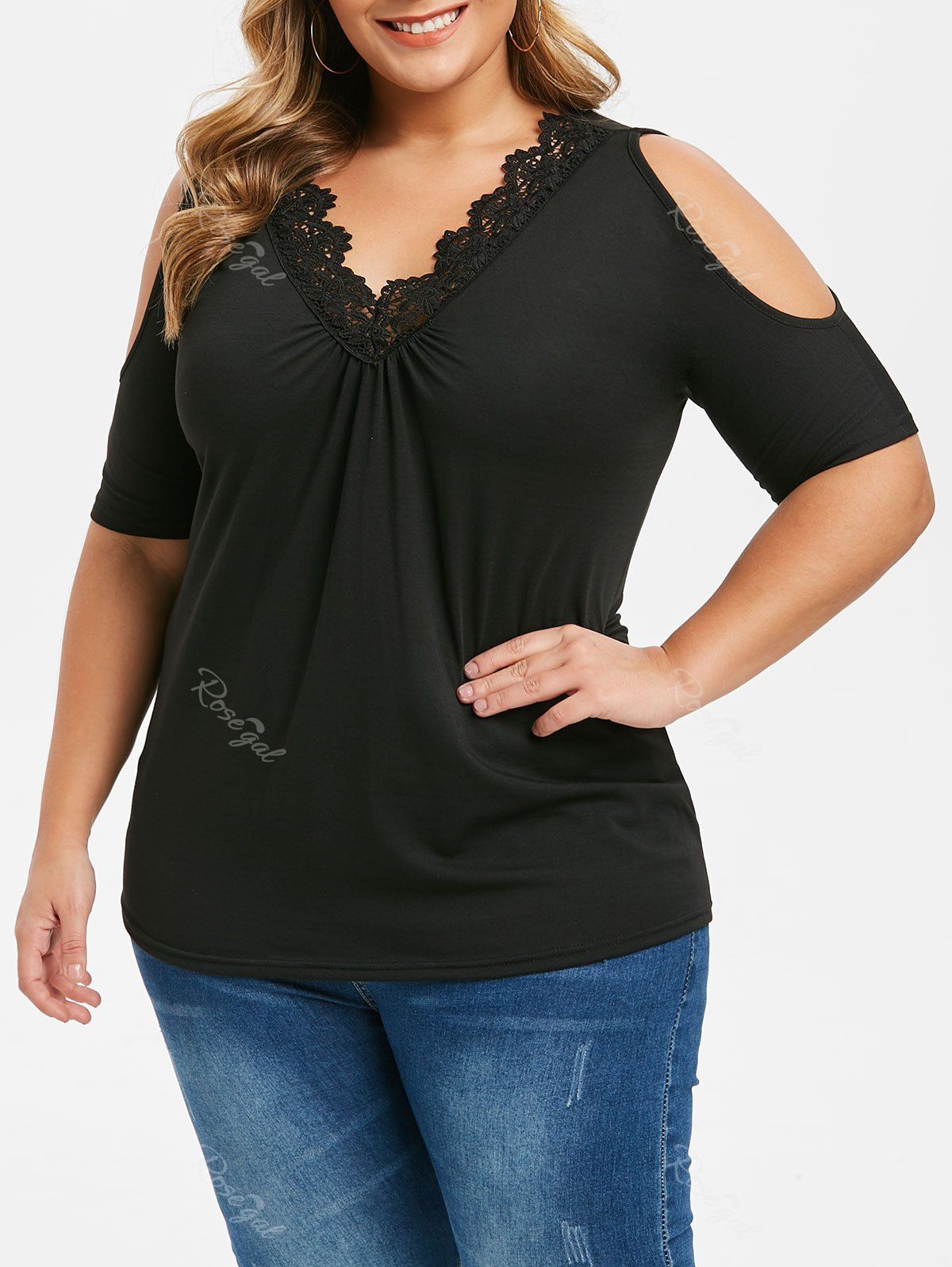

Plus Size Laced Cold Shoulder Tunic Top, Black