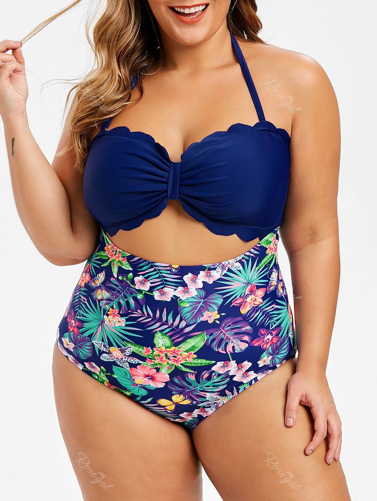 

Plus Size Tropical Print Halter Cut Out One-piece Swimsuit, Multi-b