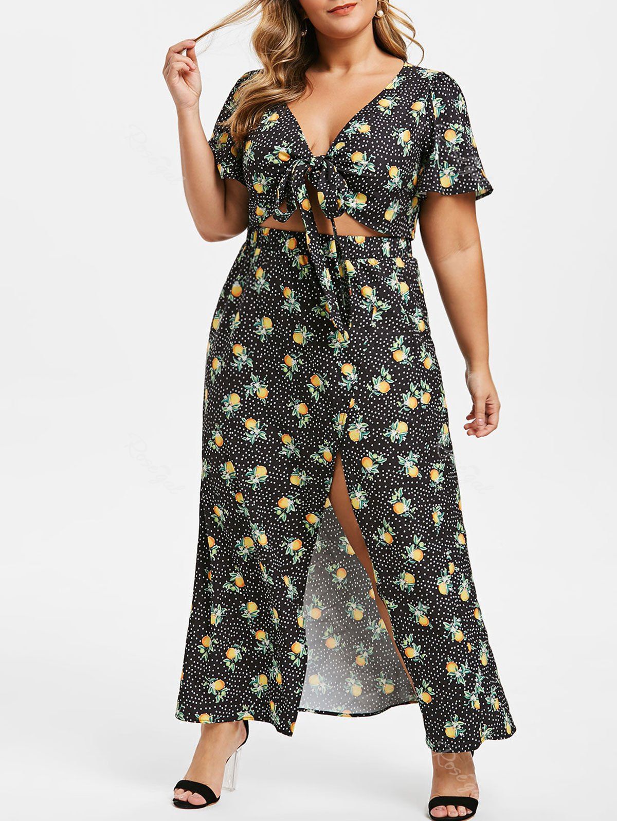 

Plus Size Dotted Peach Print High Slit Two Piece Dress, Black