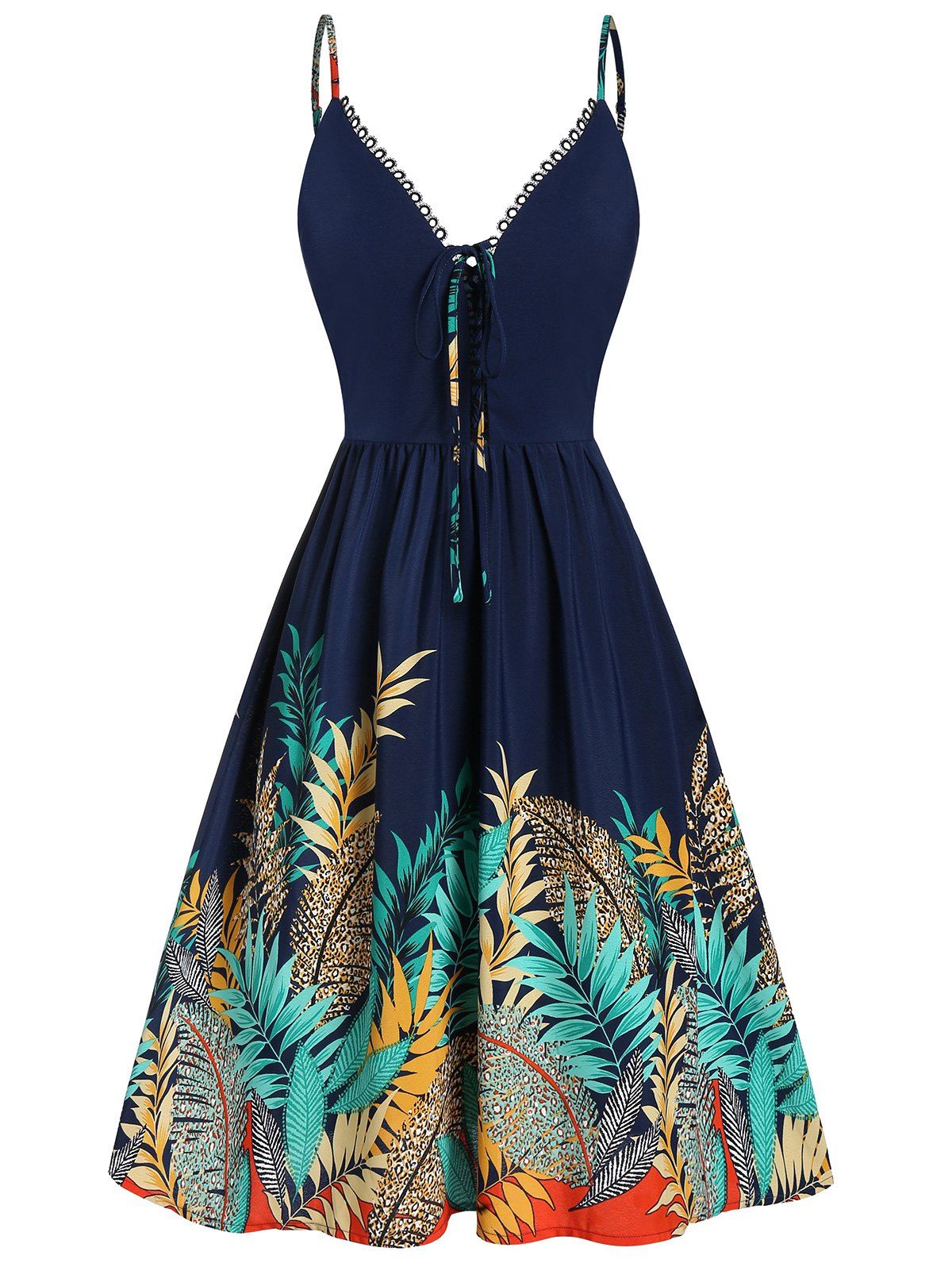 

Spaghetti Strap Lace Up Leaves Print Flare Dress, Cadetblue