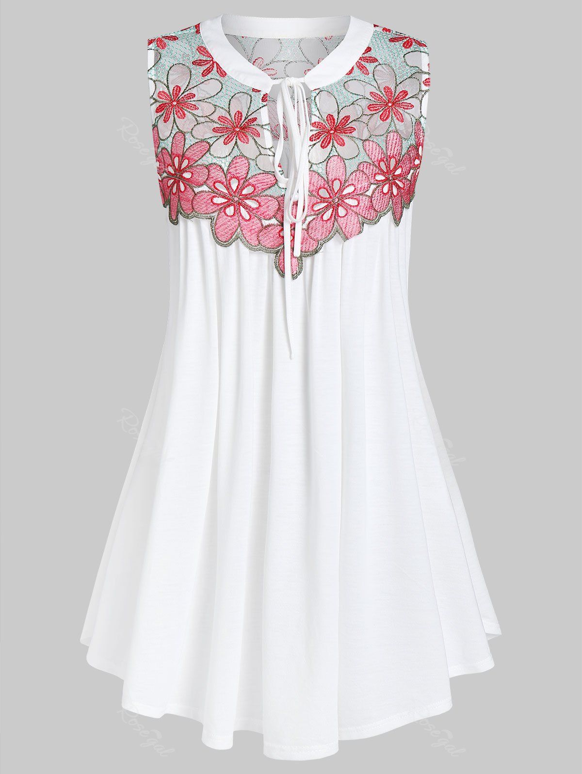 

Plus Size Front Tie Embroidered Swing Tank Top, Pink