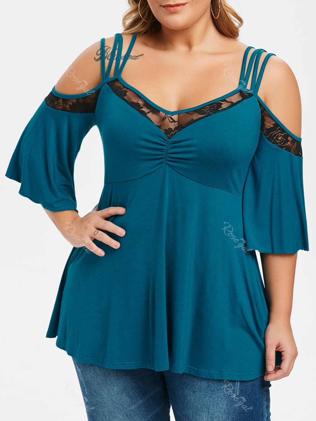 

Plus Size Lace Insert Cold Shoulder Ruched T-shirt, Peacock blue